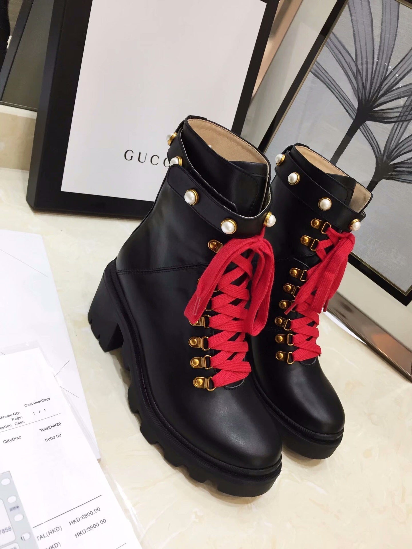GG Ankle Heel Boots Pearl Black Calfskin