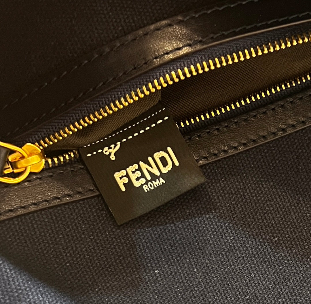 BAGUETTE WITH FF MOTIF 27 IN NAVY BLUE JACQUARD FABRIC GOLD HARDWARE