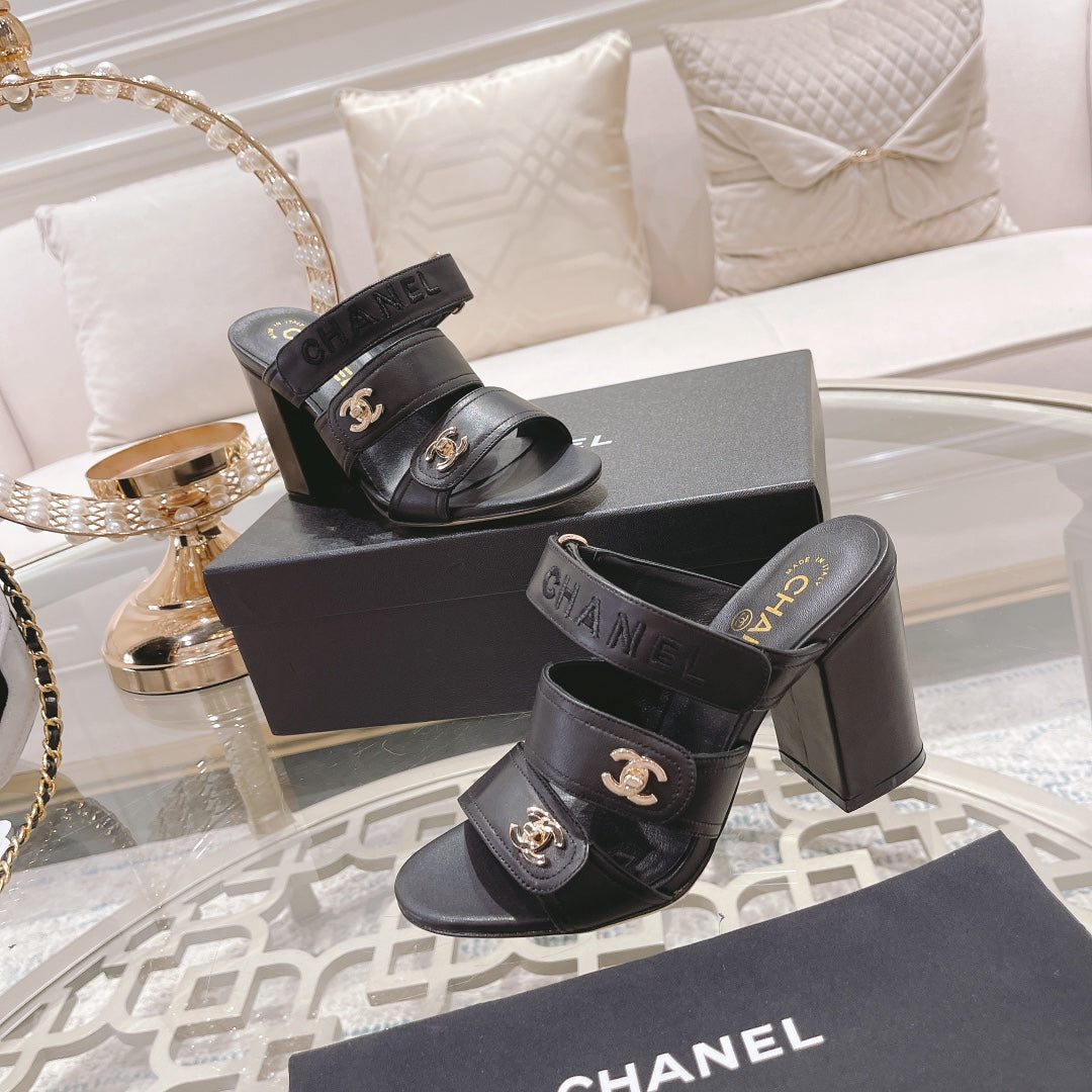 CC 25C Three Strap Sandal Mule High Heel Black Sheepskin 213348