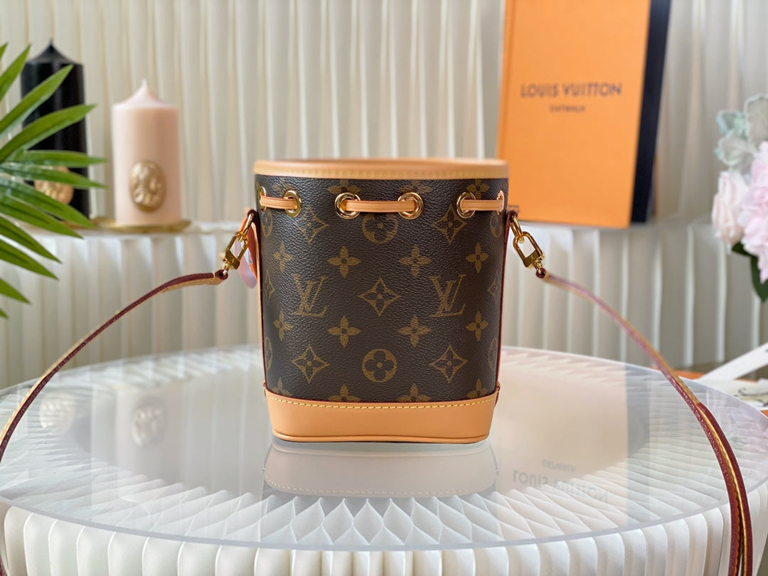 nano noe 13 brown monogram canvas beige calfskin gold hardware