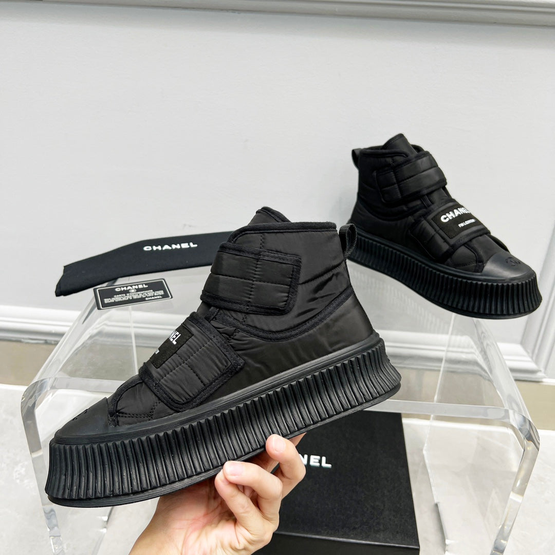 CC High Top Sneaker Thick-Soled Black Rain Velvet Fabric