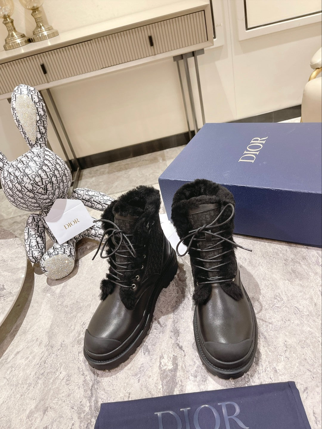 CD Explorer Ankle Boot 50mm Black Fleece Lining Oblique Jacquard Fabric And Cowhide