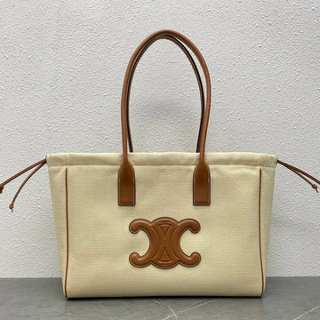 Celine 2026 Cuir Triomphe Cabas Drawstring Tote Bag Natural Tan Canvas Calfskin
