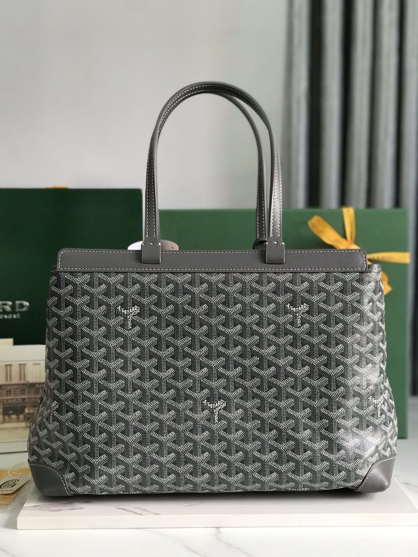 BELLECHASSE BIAUDE PM BAG 36 IN GRAY GOYARDINE CANVAS AND CALFSKIN TRIM