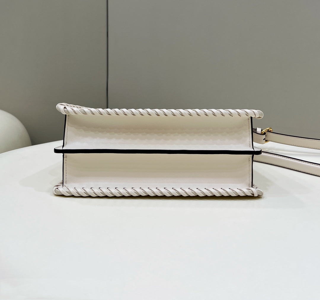 PEEKABOO ISEEU 27 IN WHITE SMOOTH CALFSKIN WITH WOVEN TRIM GOLD HARDWARE