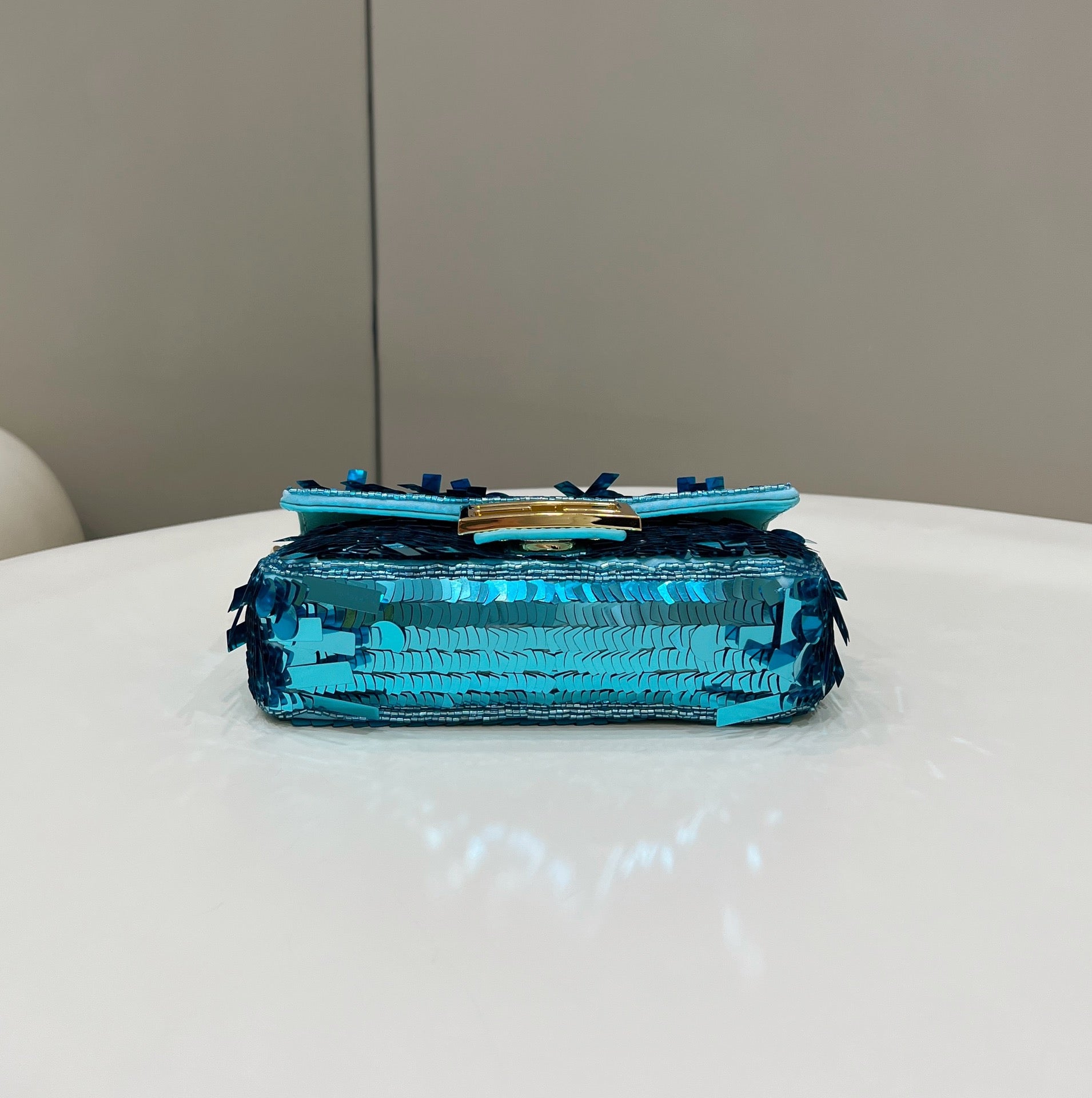 BAGUETTE MINI 19 IN BRIGHT TURQUOISE SEQUINS GOLD HARDWARE