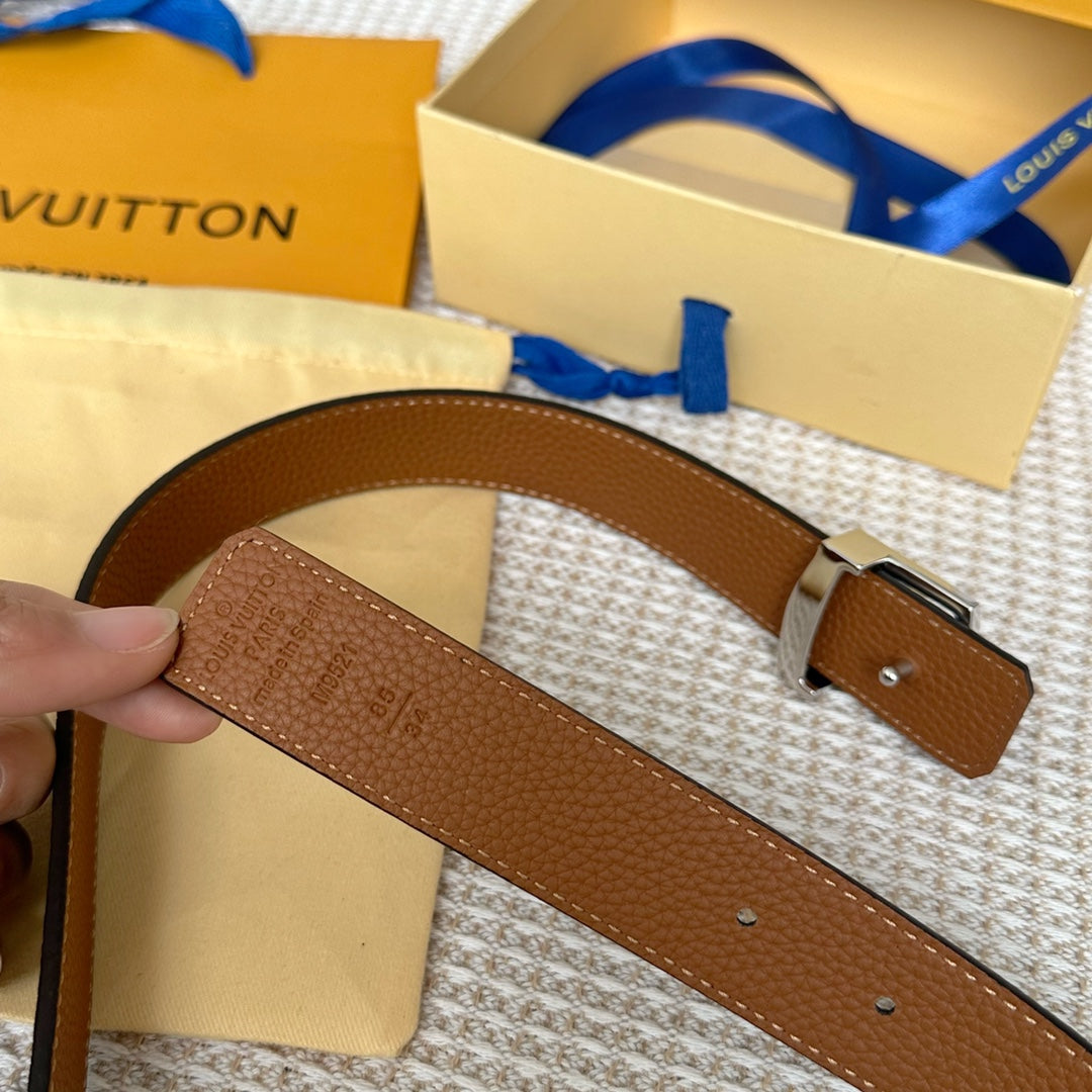 LV Initiales 30mm Reversible Belt Silver Buckle Tan Black Leather