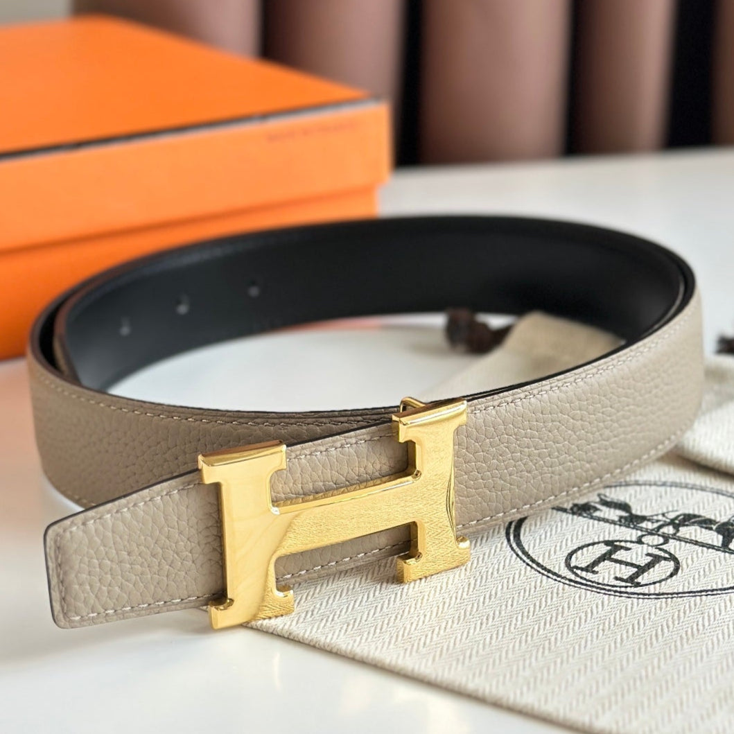 HM Gold H Buckle & Reversible 32mm Belt Beige mix Black leather 124654