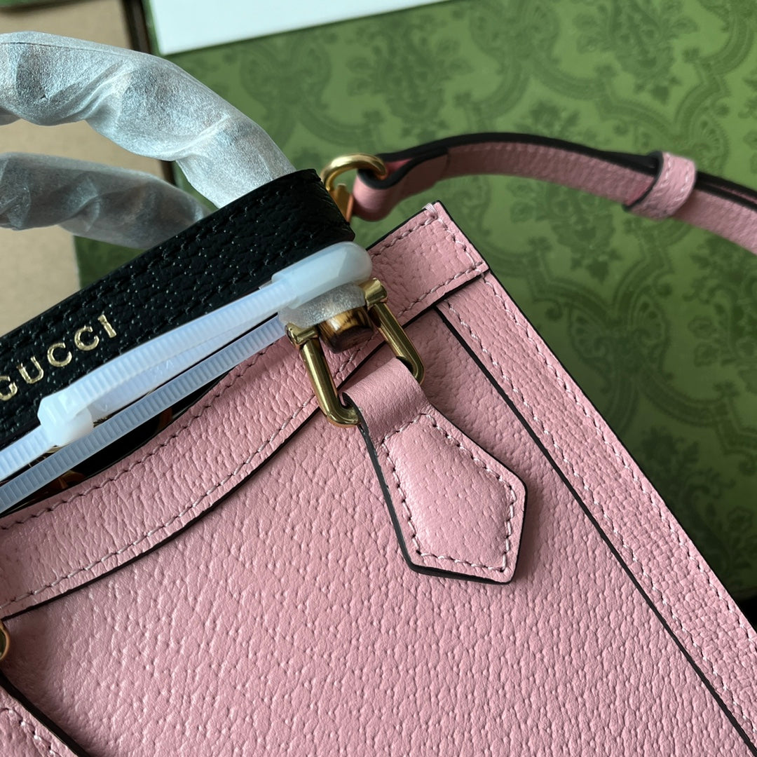 DIANA TOTE BAG 19 IN PINK LAMBSKIN WITH BAMBOO HANDLE