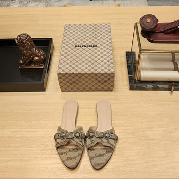 Balenciaga 26s Flat Slippers Light Brown Canvas Leather  681304