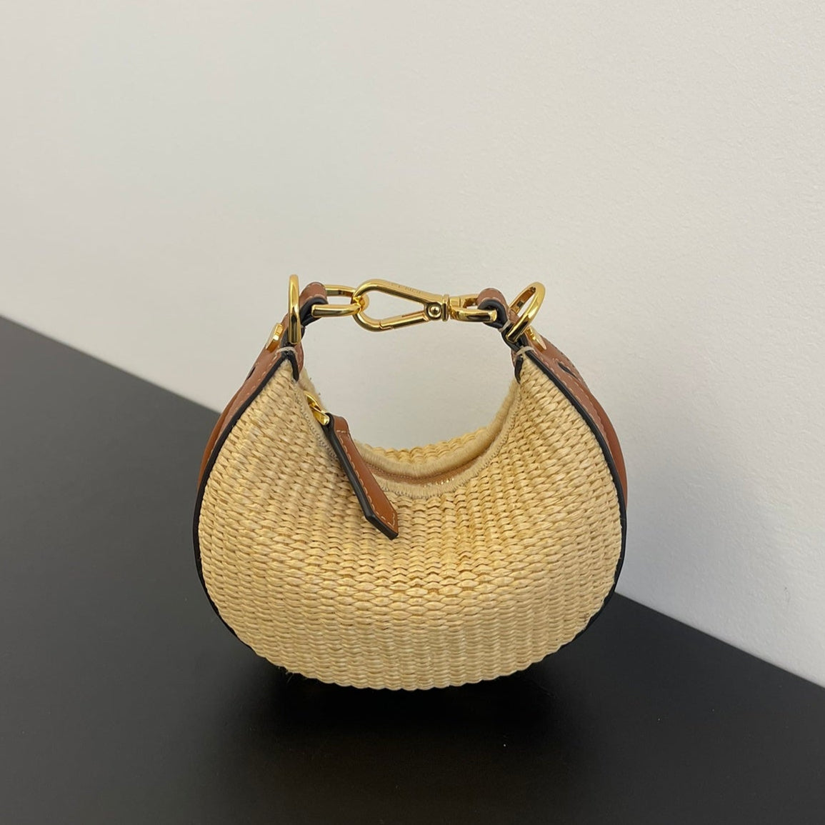 FENDIGRAPHY MINI 16 IN BEIGE STRAW AND BROWN CALFSKIN TRIM GOLD HARDWARE
