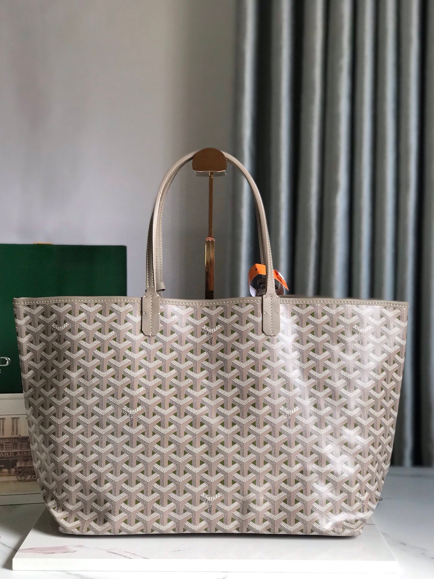SAINT LOUIS PM 34 IN GREY MIX GREEN GOYARDINE CANVAS AND CALFSKIN