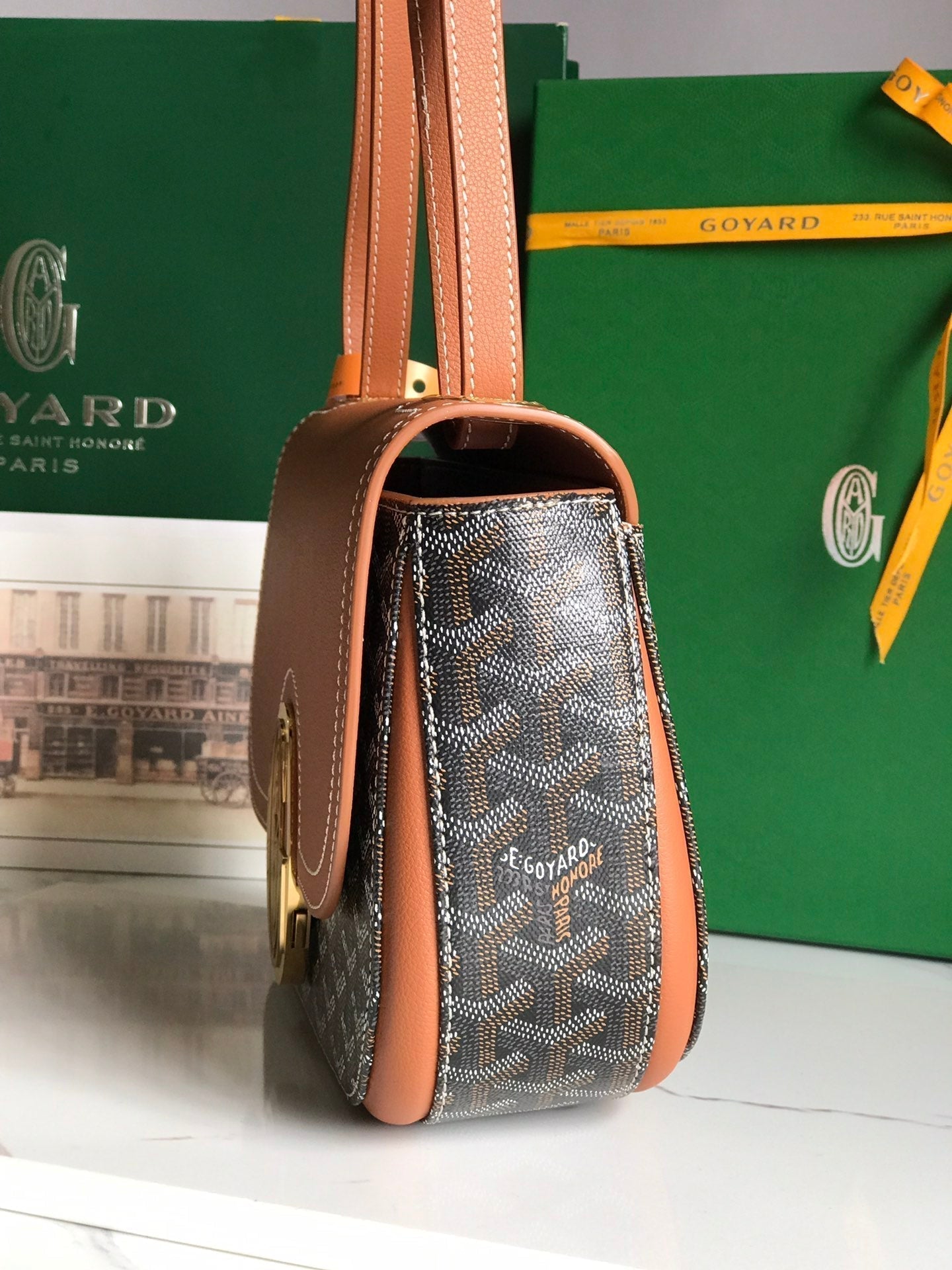 233 BAG 25 IN TAN CALFSKIN AND BLACK GOYARDINE CANVAS