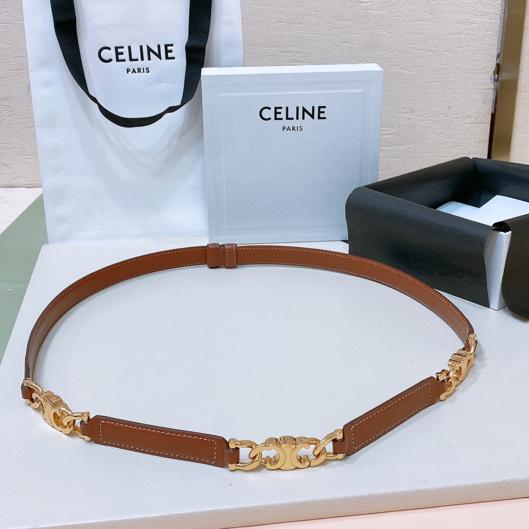 SMALL 18 MM GOURMETTE TRIOMPHE ADJUSTABLE BELT IN BRONZE BROWN LEATHER GOLD HARDWARE