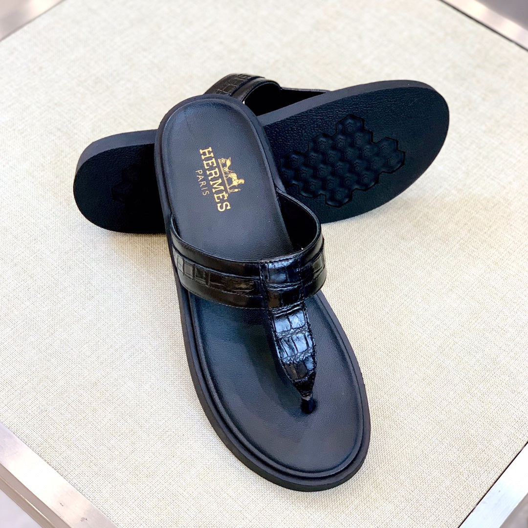 HM Men's Thong Sandals Black Rubber Sheepskin 561667