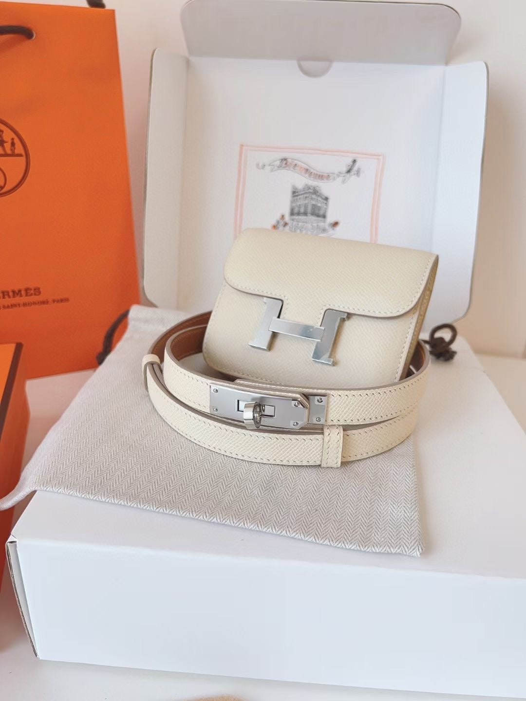 hm kelly belt 18mm with constance slim white epsom silver hardware
