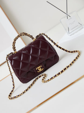 CC Flap Bag With Top Handle 19cm Wine Red Sheepskin Gold Hardware 238483