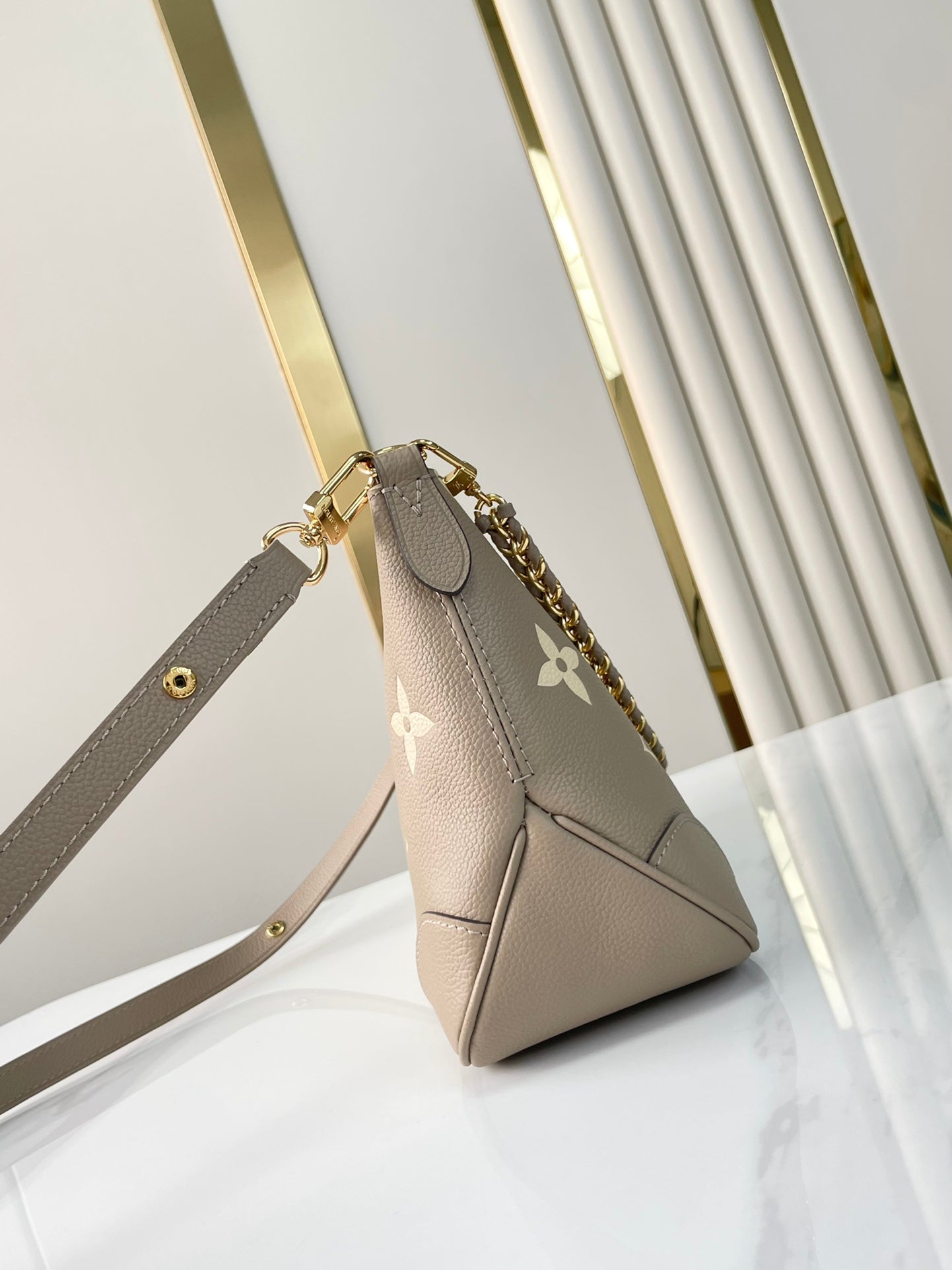 BOULOGNE 29 IN DOVE GRAY AND CREAM MONOGRAM EMPREINTE LEATHER GOLD HARDWARE