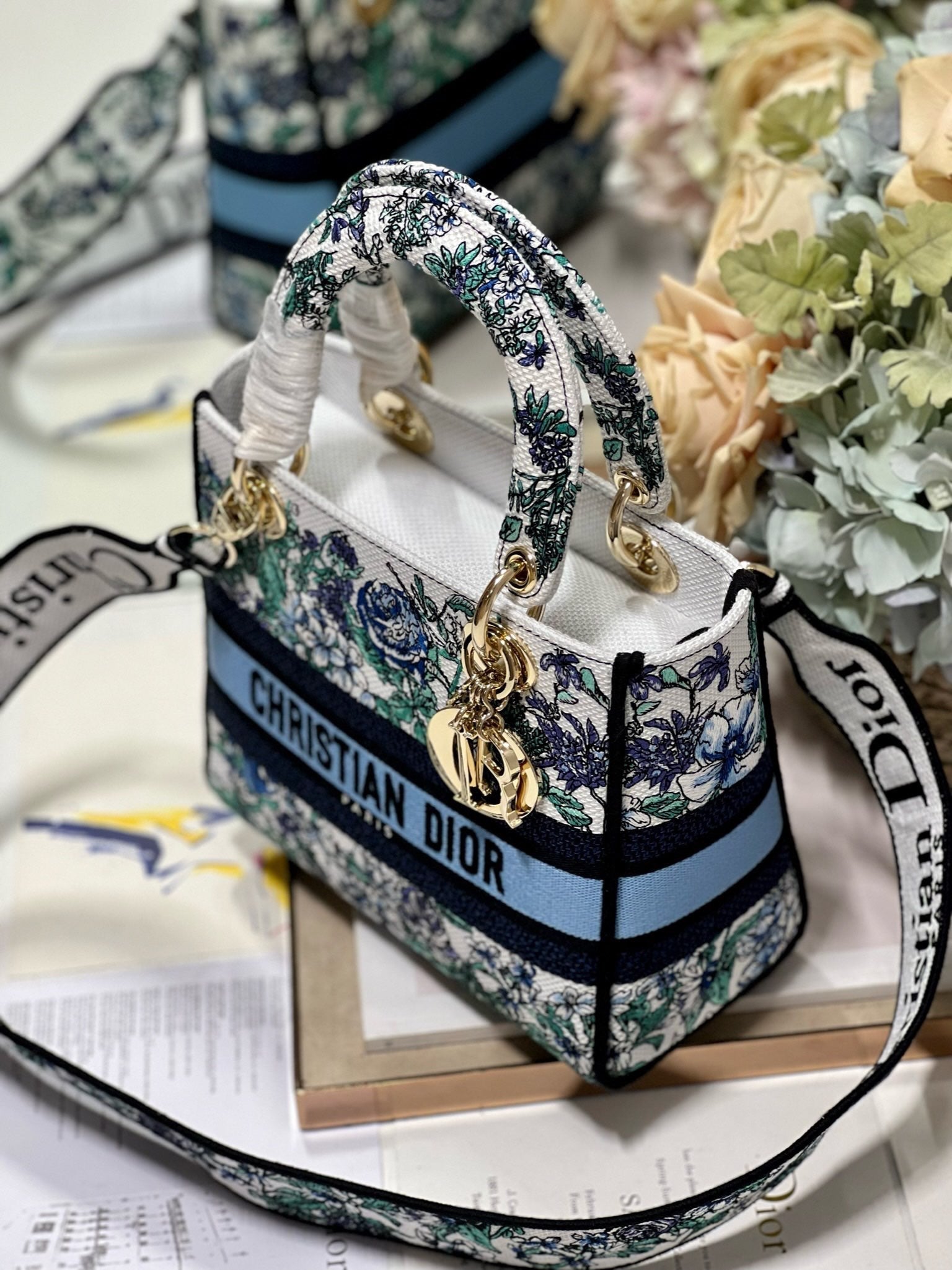 CD Butterfly Love Flower Blue 24 Lady Dior Bag Canvas 336667