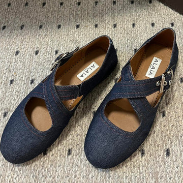 Alaia 25 Criss Cross With Stud Ballet Flats Denim Blue Sheepskin 303695