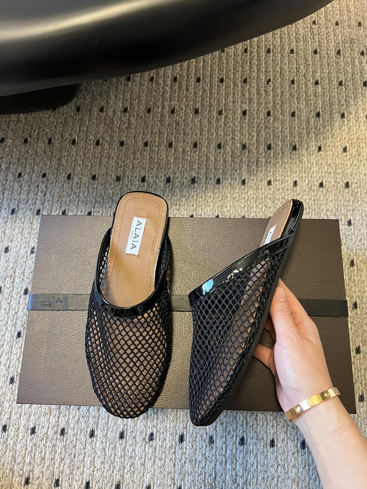 Alaia 25 Fishnet Flat Mules Black Lampskin 303685