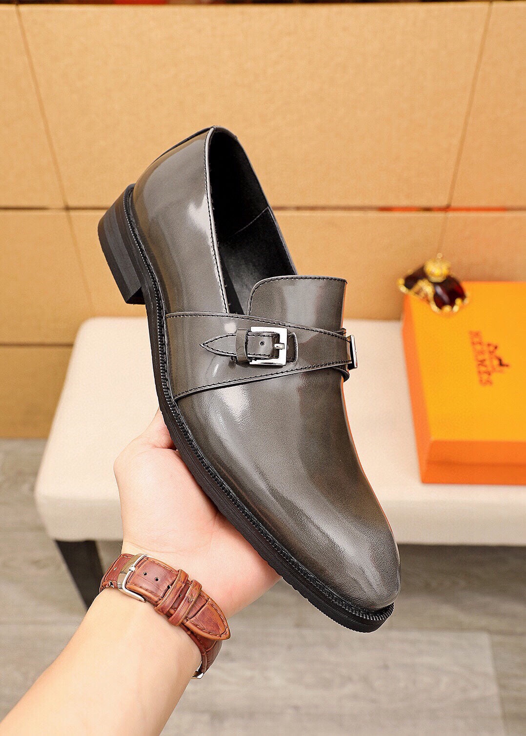 HM Men's  Loafer Metallic Gray Patent Leather 637348