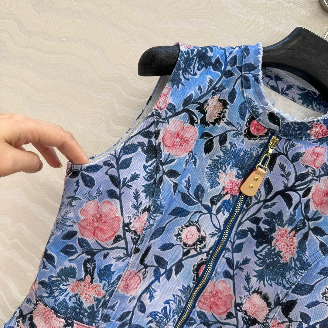 LV 25 Monogram Floral Denim Vest Dress Multicolor Cotton