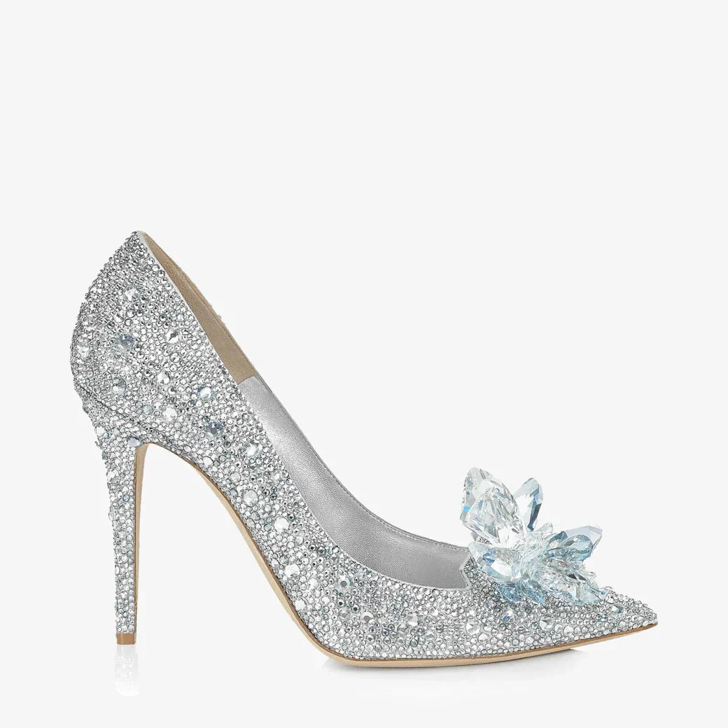 Jimmy Choo Avril Crystal Covered Pointy Toe Pump 85mm Silver Blue Leather