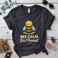 Bee Calm Bee Present T-Shirt Mockup Dark Heather Grey