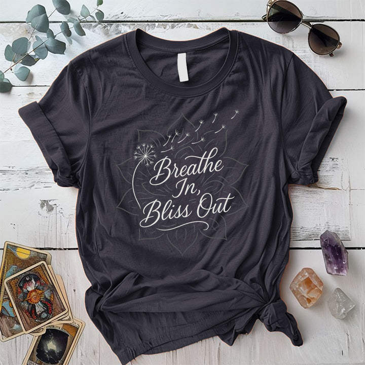 Breathe In Bliss Out Dandelion T-Shirt Mockup Dark Heather Grey