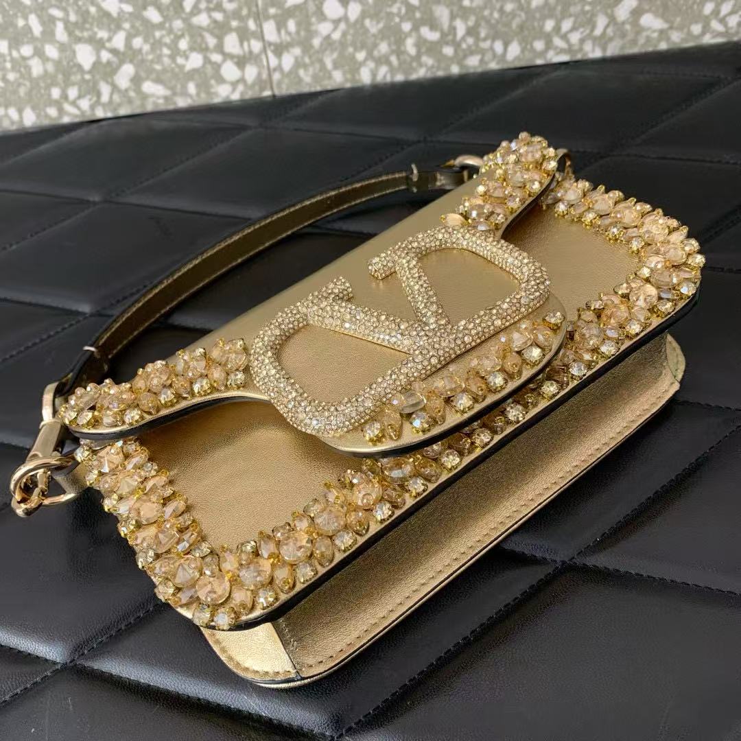 Valentino Loco Embroidered Handbag Gold Leather