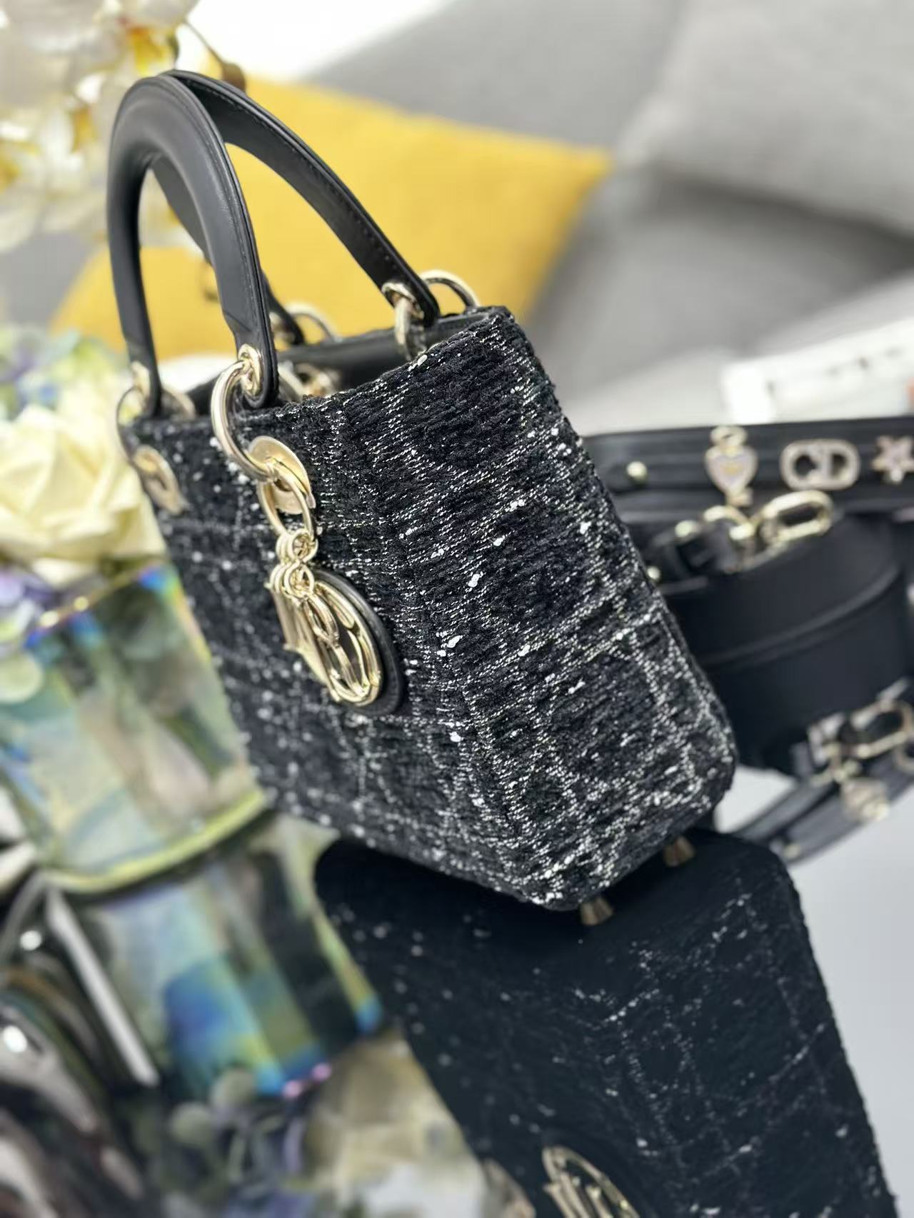 Dior 2026 Lady Dior Bag 20cm Black Gold Tweed Leather