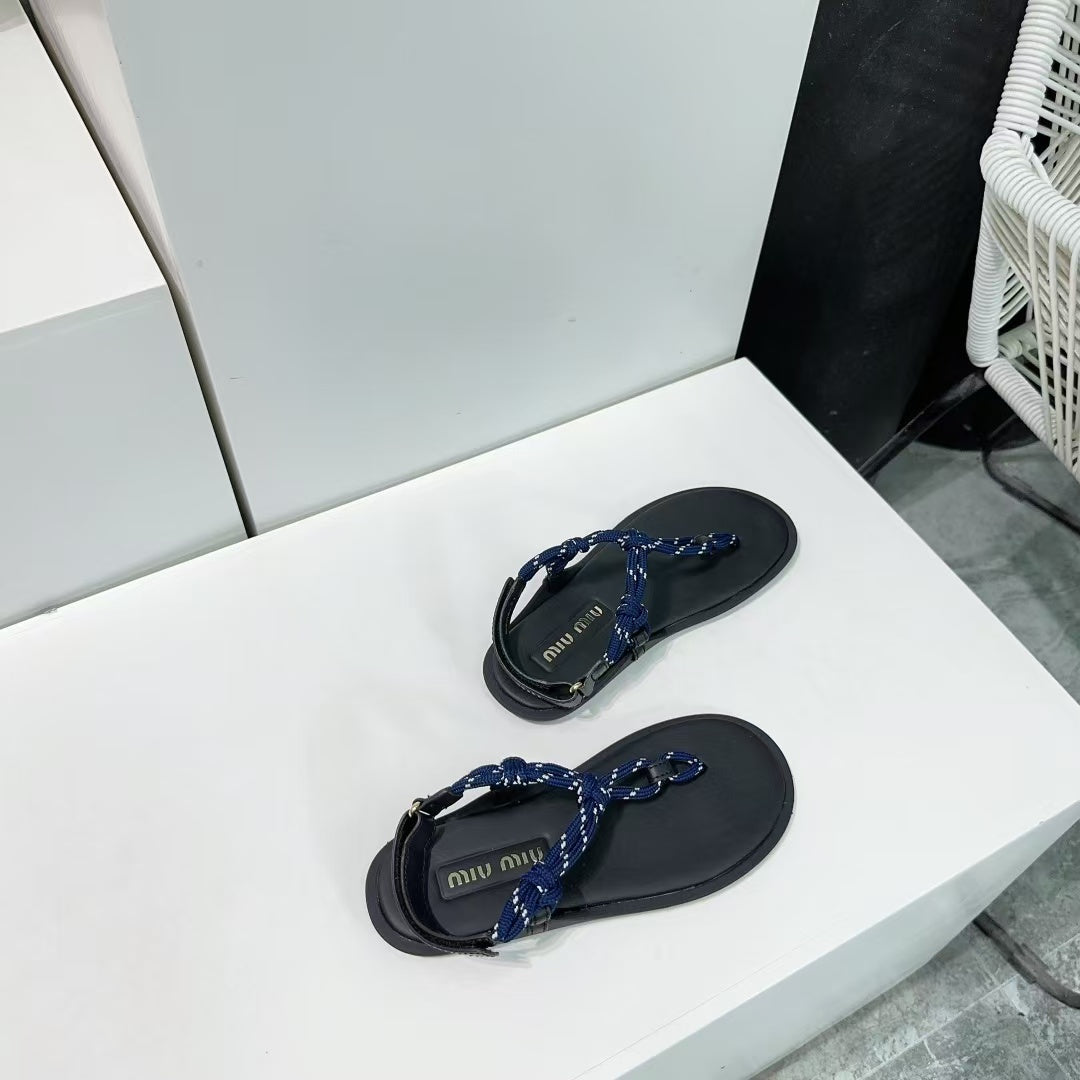 Miumiu 2026 Riviere Cord & Leather Black Blue Sandal