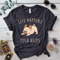 Life Happens Yoga Helps Dog T-Shirt Mockup Dark Heather Grey