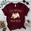 Life Happens Yoga Helps Dog T-Shirt Mockup Maroon