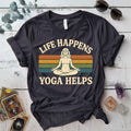 Life Happens Yoga Helps Meditation T-Shirt Mockup Dark Heather Grey