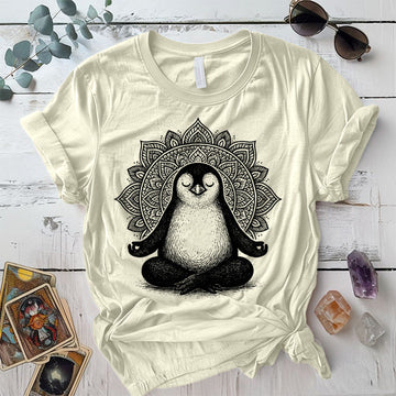 Meditating Penguin Mandala T-Shirt Mockup Natural