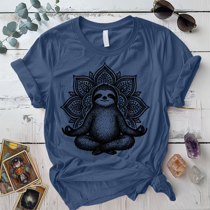 Meditating Sloth Mandala T-Shirt Mockup Indigo Blue