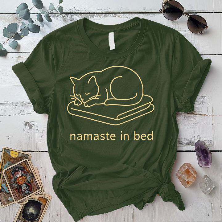 Namaste In Bed Cat T-Shirt Mockup Military Green