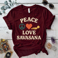 Peace Love Savasana T-Shirt Mockup Maroon