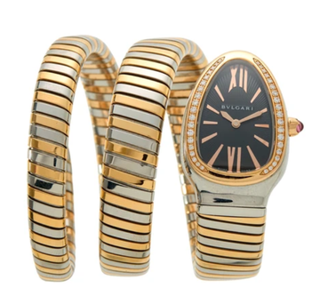 Bulgari Serpenti Tubogas 35mm Steel and Gold Diamond Quartz Black Dial Watch