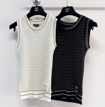 Chanel 2026 Knit Vest Cream and Navy Blue Tencel Nylon