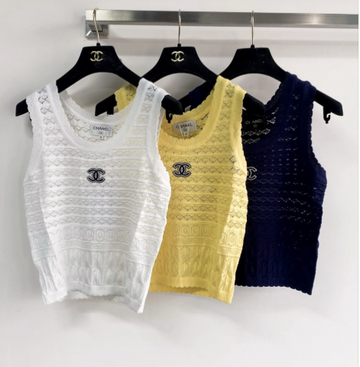 Chanel 2026 Vest White Yellow Navy Blue Wool Tencel