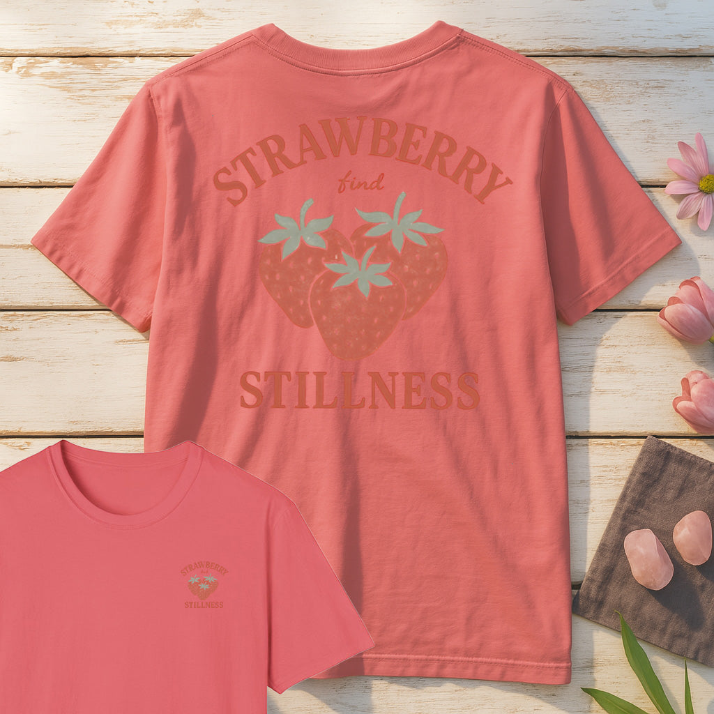 Strawberry Find Stillness T-Shirt Mockup coral-silk