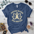 Stressed Blessed Yoga Obsessed T-Shirt Mockup Indigo Blue