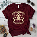 Stressed Blessed Yoga Obsessed T-Shirt Mockup Maroon