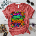 Woke Broke and Unhinged T-Shirt Mockup Coral Silk