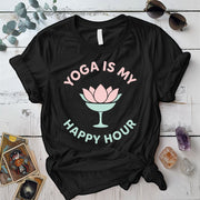 Yoga Is My Happy Hour Glass T-Shirt Mockup Black