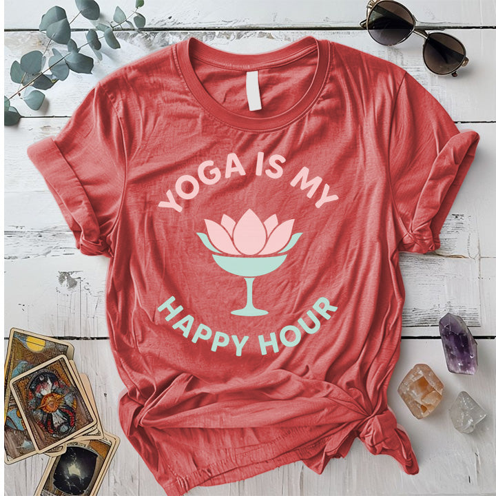 Yoga Is My Happy Hour Glass T-Shirt Mockup Coral Silk