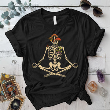 Yoga Mushroom Skeleton T-Shirt Mockup Black